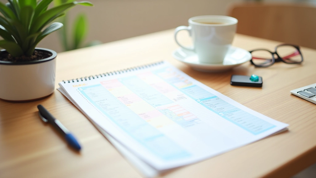 Renkli takvim ve planlama defteri masada, yazı araçları ve fincan, ev ofisinde düzenli alan