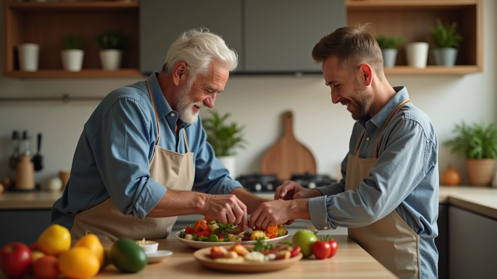 Mutfak sahnesi, yaşlı erkek ve erkek torun birlikte öğle yemeği hazırlanıyor, eğlenceli ortam