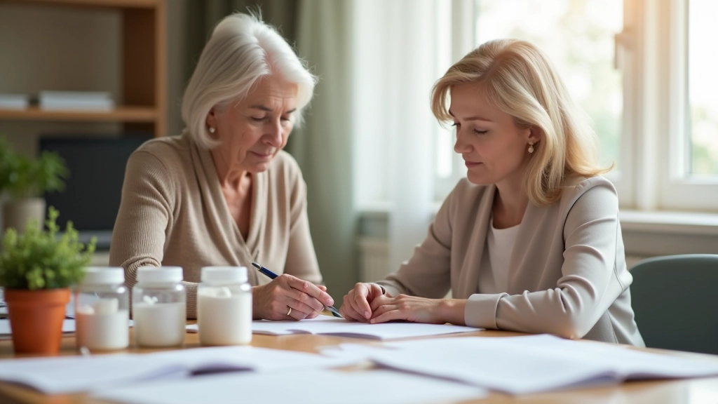 Yaşlı kadın ve kız, sağlık belgeleri ve ilaç kutuları masada, organize edilmiş ve düzenli ortam