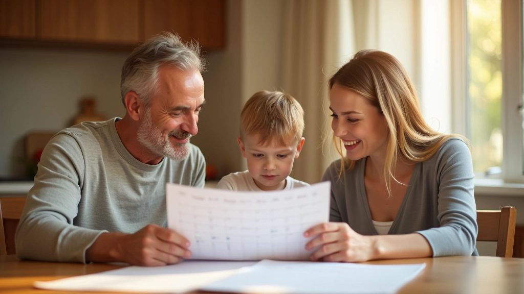 Aile üyeleri, takvimi kontrol ediyor, öğlen masasında birlikte planlama yapıyor