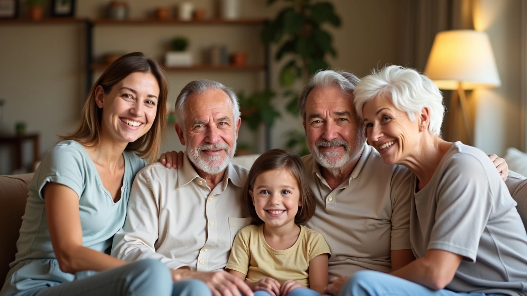 Geniş aile oturma odasında birlikte zaman geçiriyor, üç nesil, mutlu ortam, doğal ışık