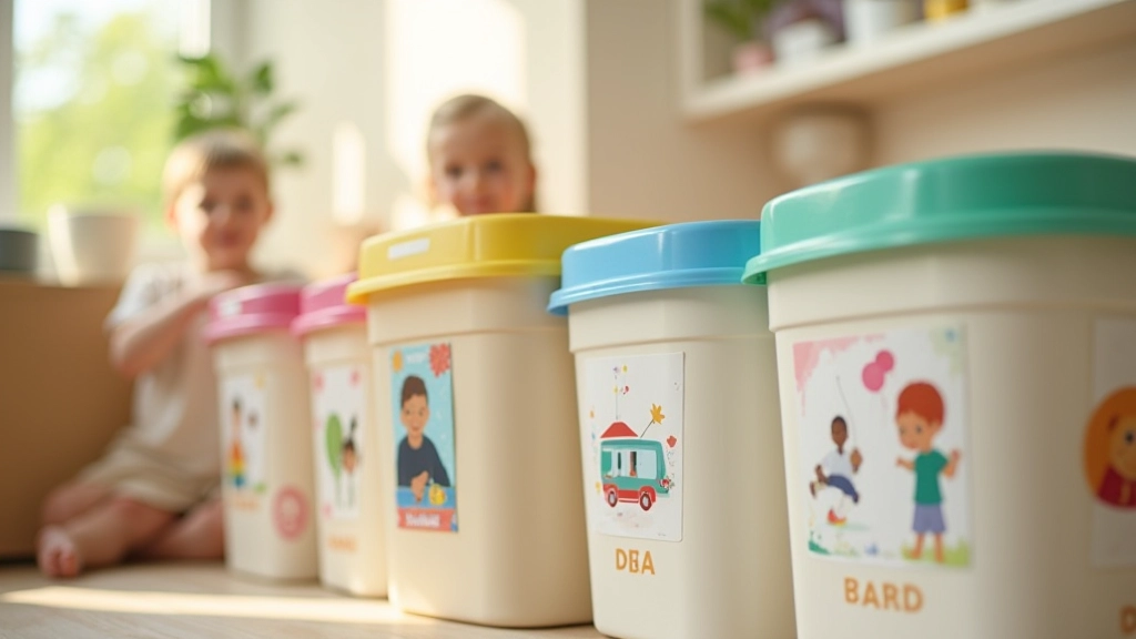 Etiketli depolama kutuları, resimli etiketler, çocuk dostu organizasyon sistemi, renkli depolama