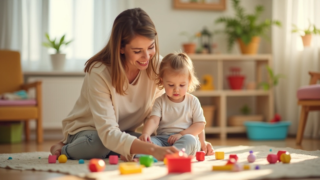 Anne ve kız oynuyor, çocuk bakım alanı, oyuncaklar ve güvenli ortam, neşeli moment