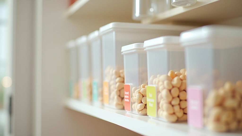 Etiketli depolama kutuları ve raf sistemi, renklendirme ve kategorileme gösterimi, organize mutfak dolabı