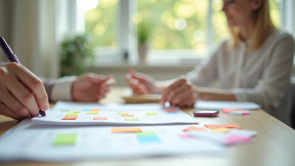 Organize ofis masası, renkli notlar, planlama araçları, kurşun kalem ve defter