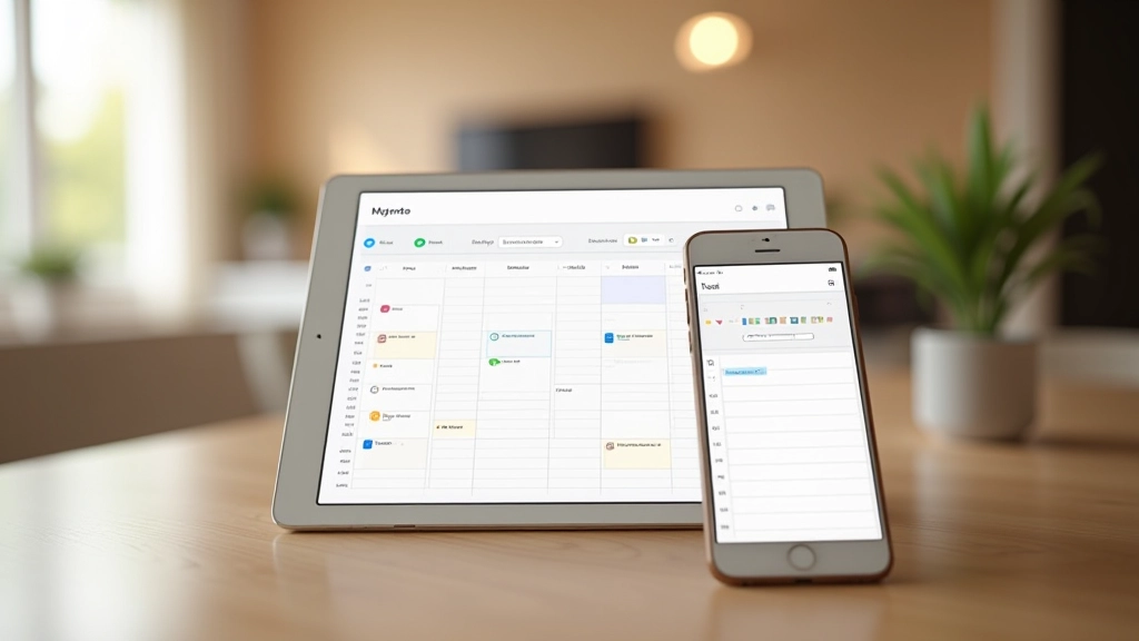 Tablet ve akıllı telefon göstererek aile takvimi ve hatırlatıcıları açılı, modern ev ortamı