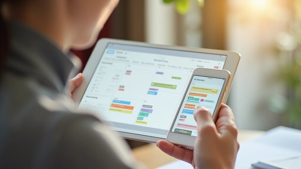 Dijital takvim ekranı, renkli etkinlikler, telefon ve tablet gösteriliyor, aile yönetimi