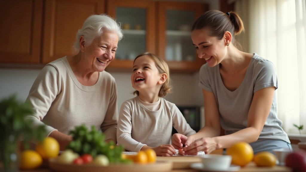 Aile mutfağında üç nesil birlikte, yaşlı kadın, orta yaşlı kadın ve genç çocuk, samimi anlar